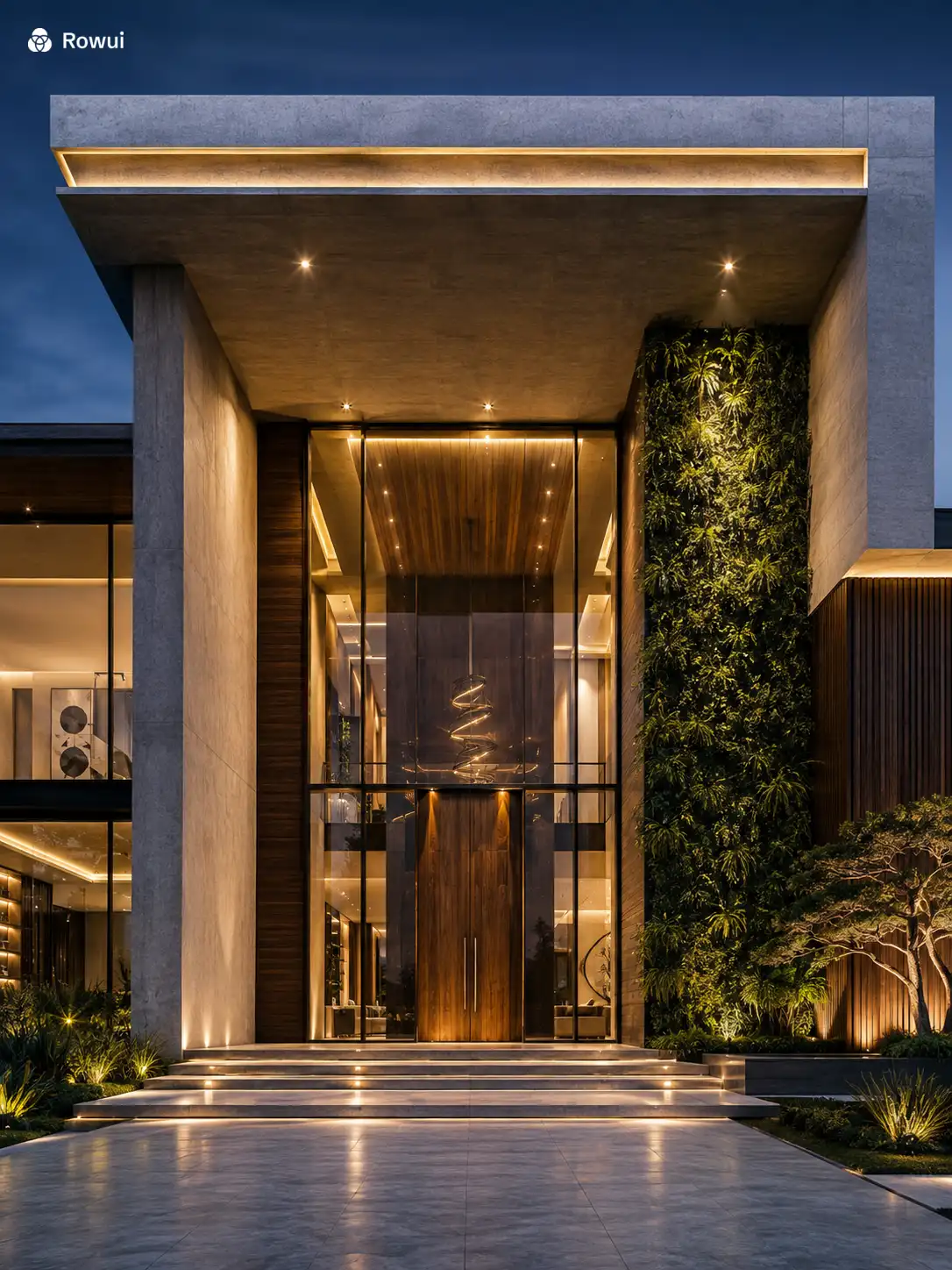 Minimal luxury interior with travertine wall and warm oak floor