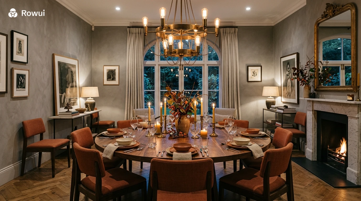 Elegant dining room with warm grey walls, terracotta accents and brass light fixture