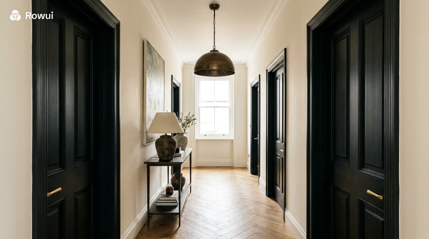Stylish home hallway with black interior doors, warm white walls and brass accents