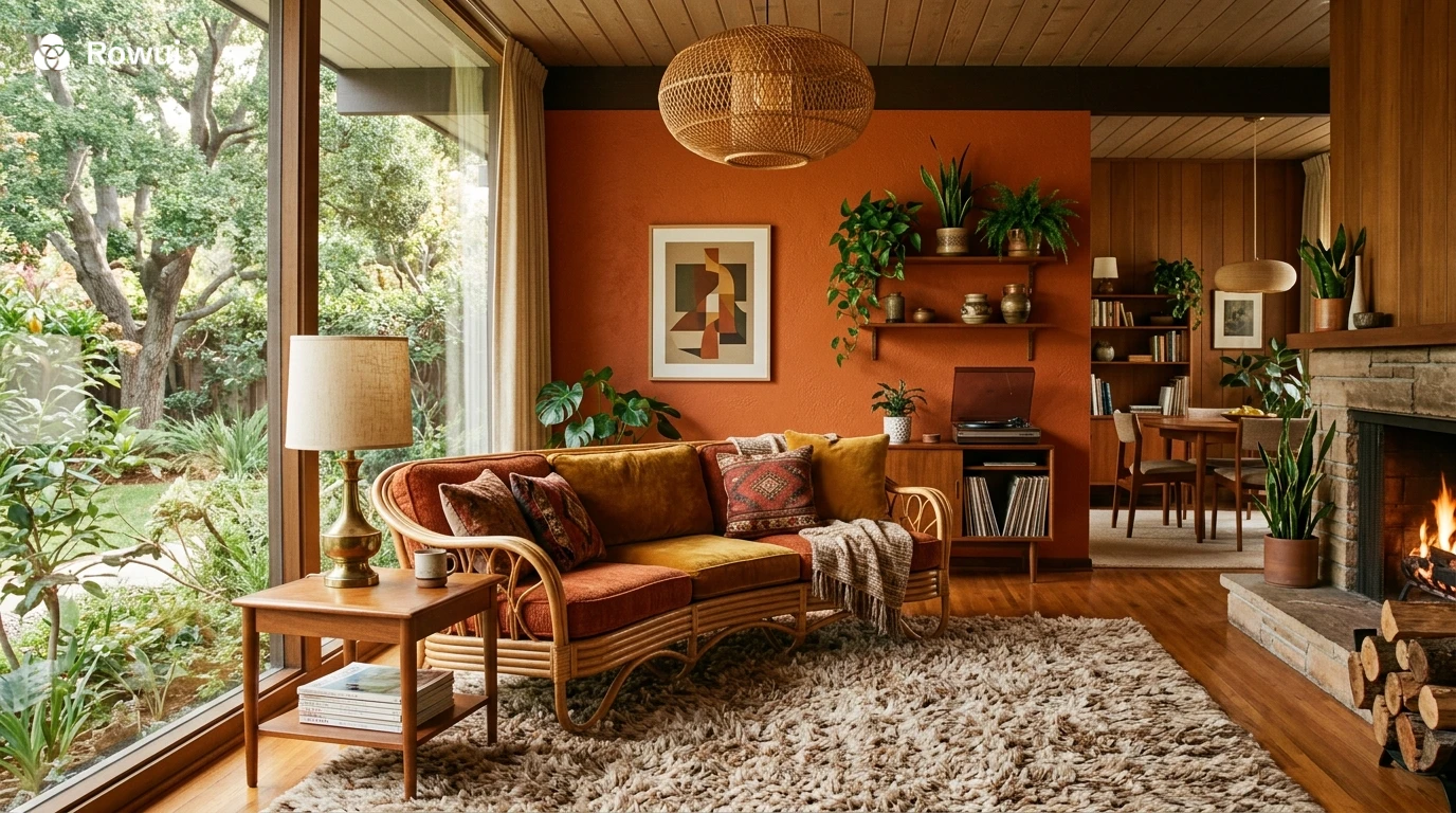 Warm 1970s inspired living room with rattan furniture and burnt orange accents