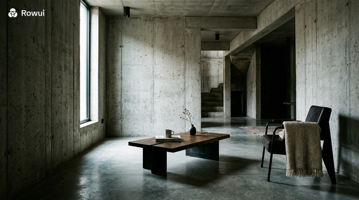 Brutalist interior with polished concrete walls and sculptural furniture