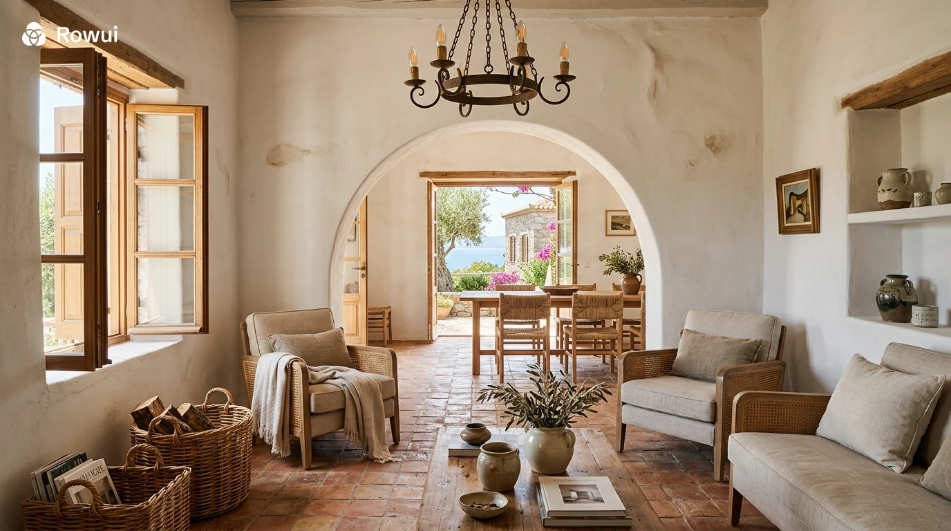 Sunlit Mediterranean interior with terracotta tiles and arched doorway