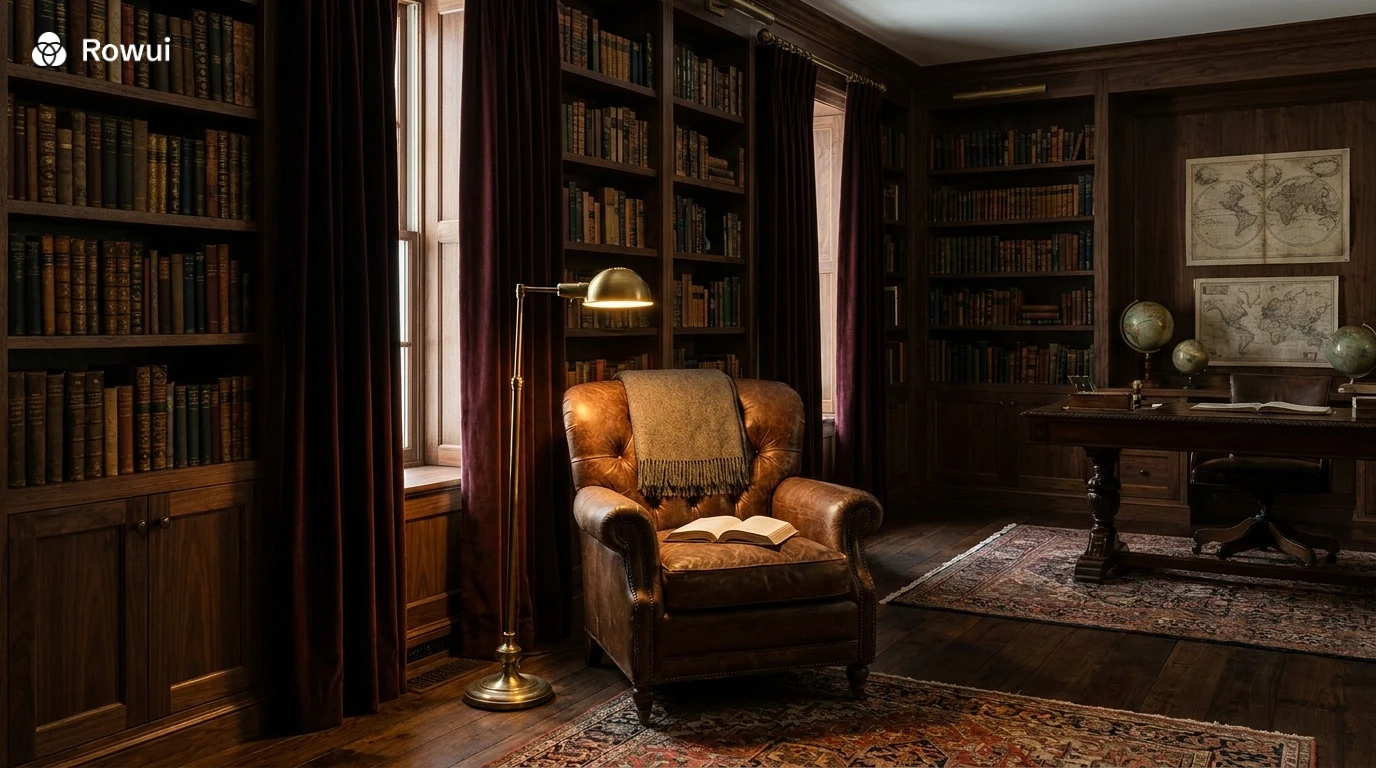 Dark academia study with wood panelling and floor to ceiling bookshelves