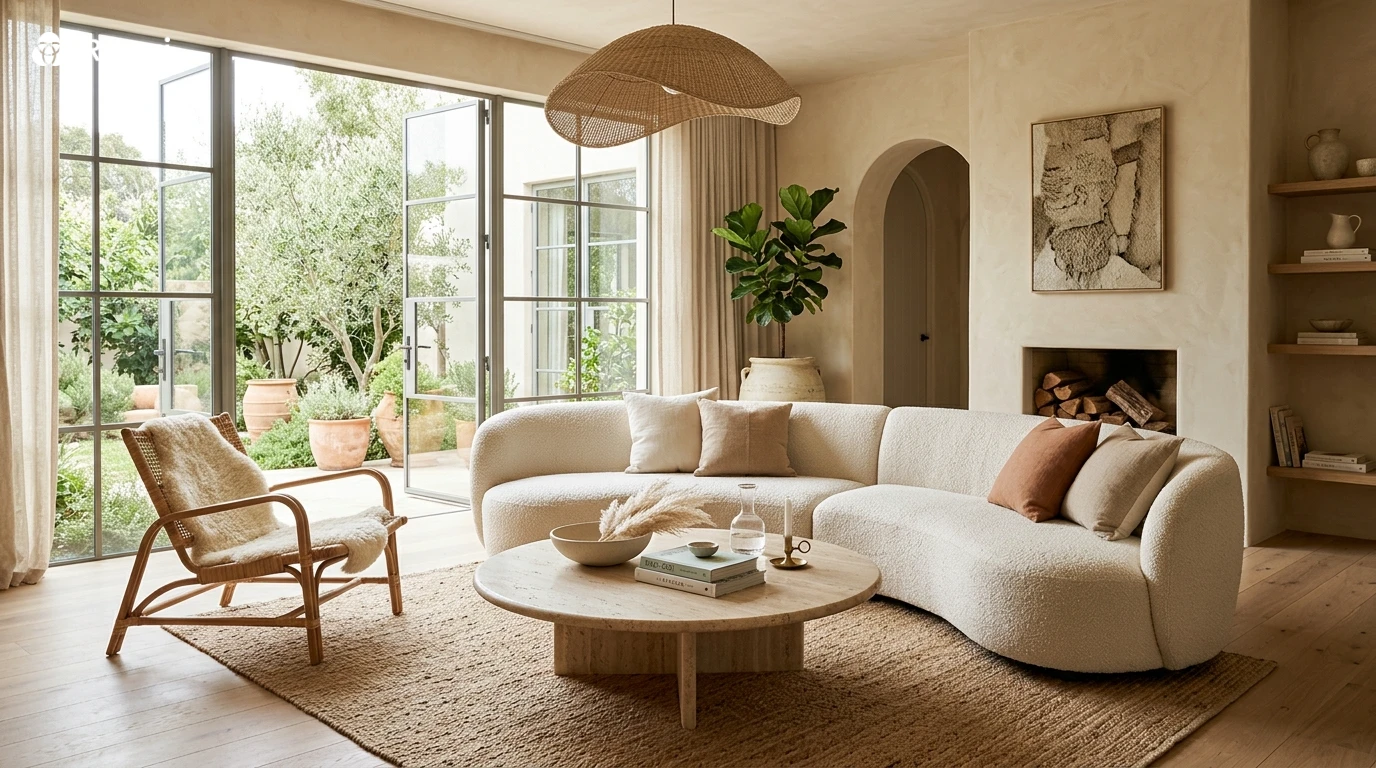 Organic modern living room with curved furniture and natural plaster walls
