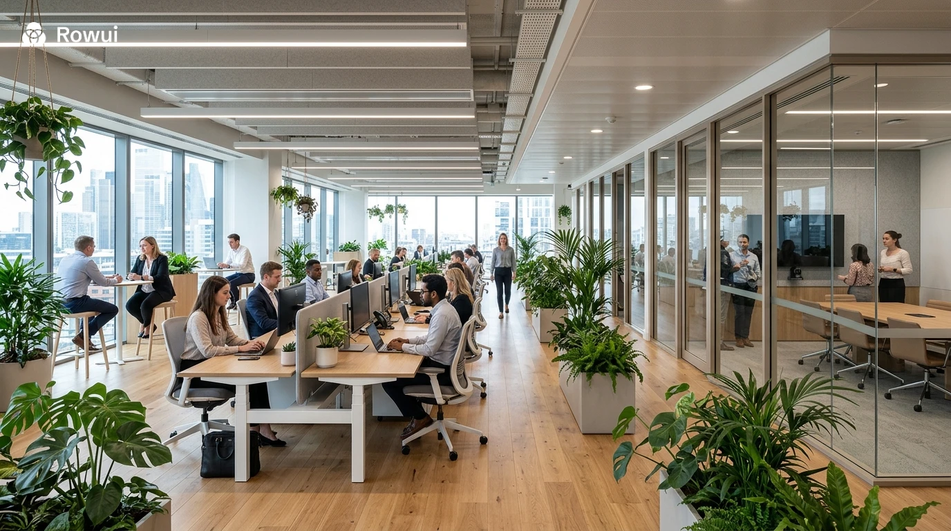 Modern corporate office interior with open plan workstations and natural light