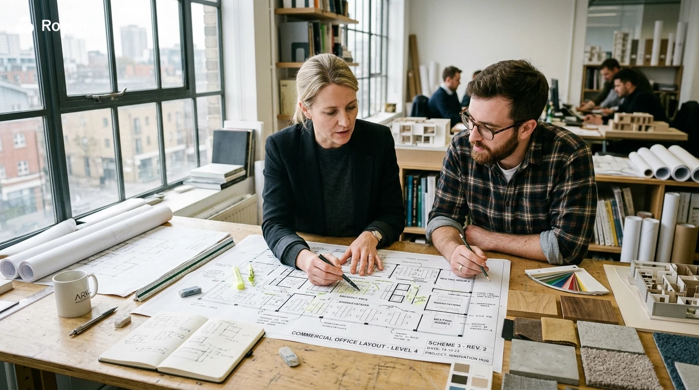 Architect reviewing commercial space planning drawings and floor layout