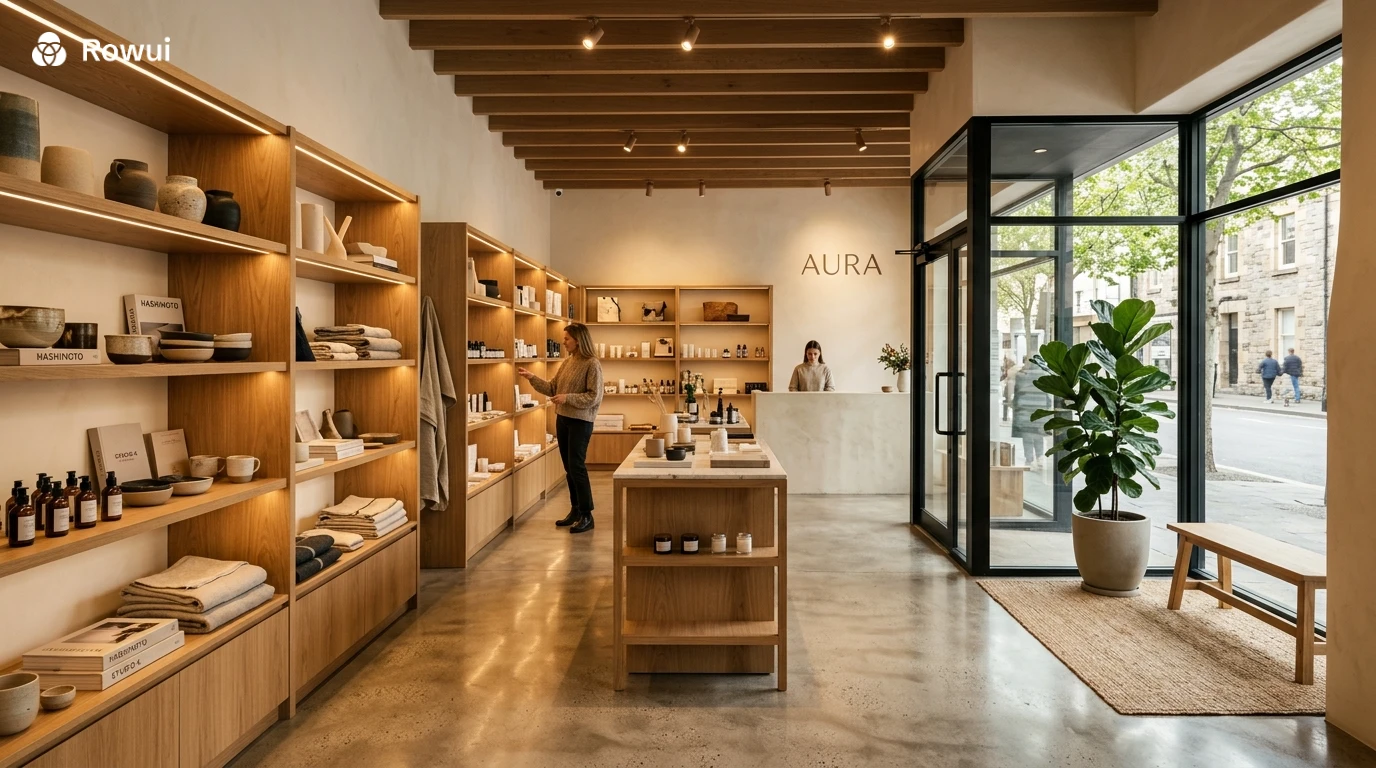 Boutique retail store interior with warm lighting and curated product display