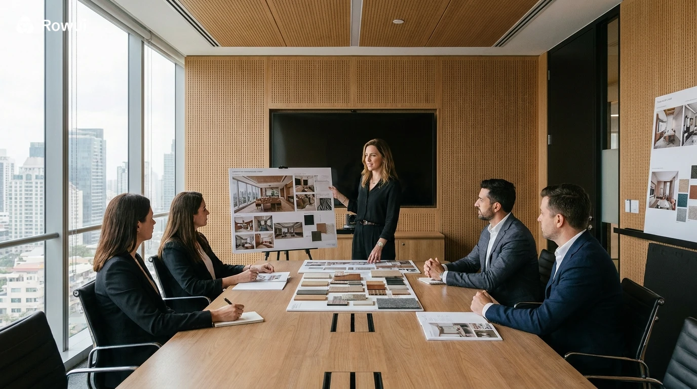 Designer presenting commercial interior design concept boards to a client team