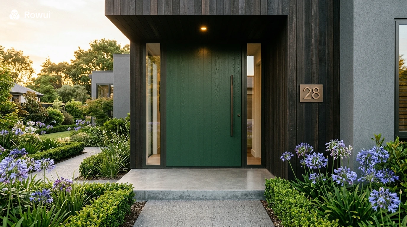 Modern front entrance with pivot door and landscaped path