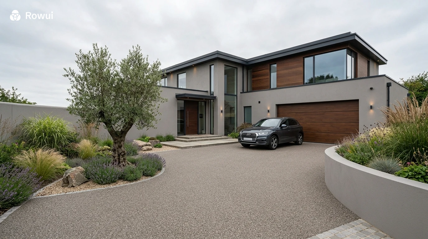 Modern driveway with resin bound gravel and integrated garage