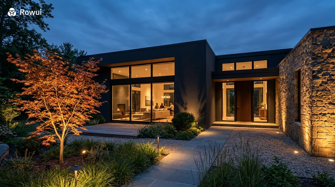 Modern house exterior with warm architectural lighting at night
