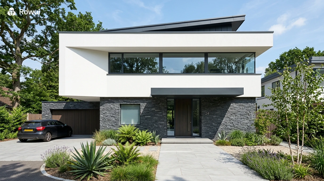 Modern house front elevation with flat roof, contrasting materials and large windows
