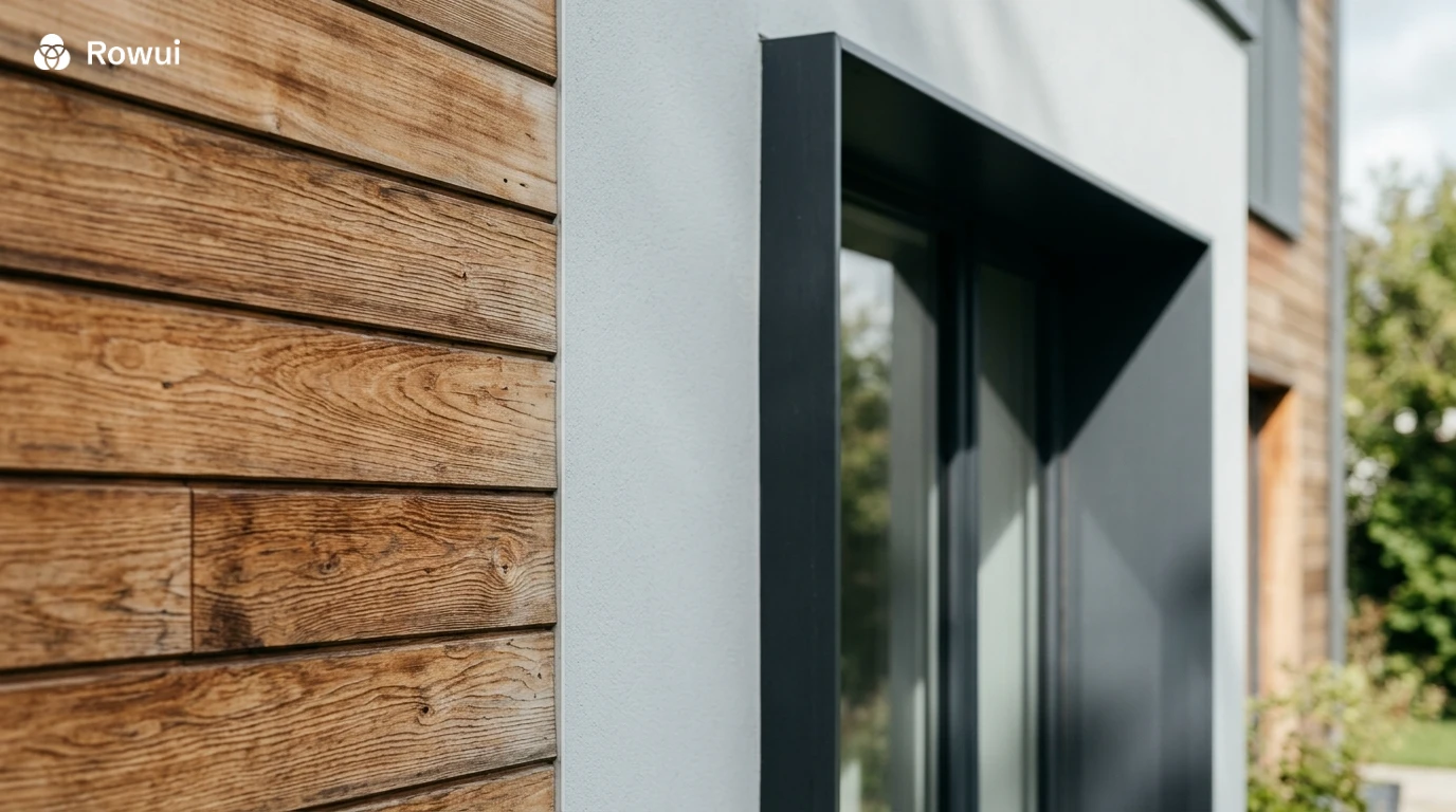 Close up of modern facade with timber cladding, rendered wall panel and large glazed window