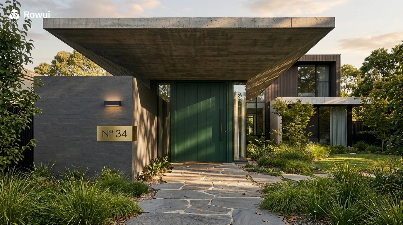 Modern residential entrance with cantilevered concrete canopy, oversized pivot door and landscaped pathway