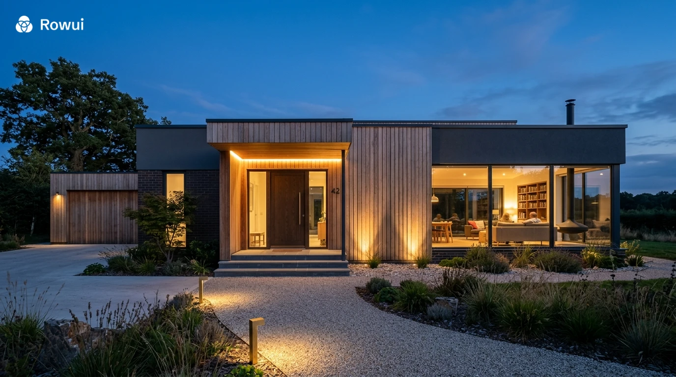 Modern house front elevation illuminated at dusk with integrated exterior lighting and landscaped garden