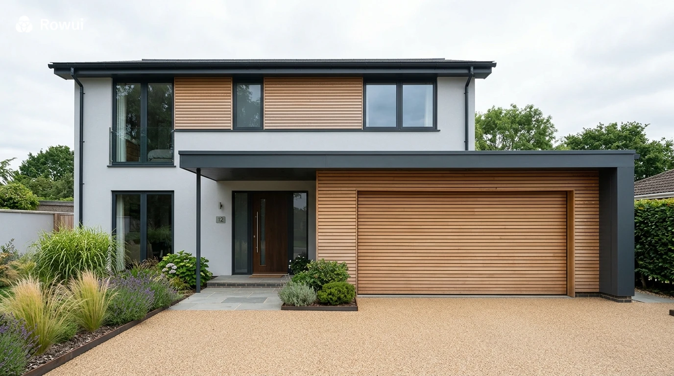 Modern house elevation with timber slatted garage door integrated into facade cladding design
