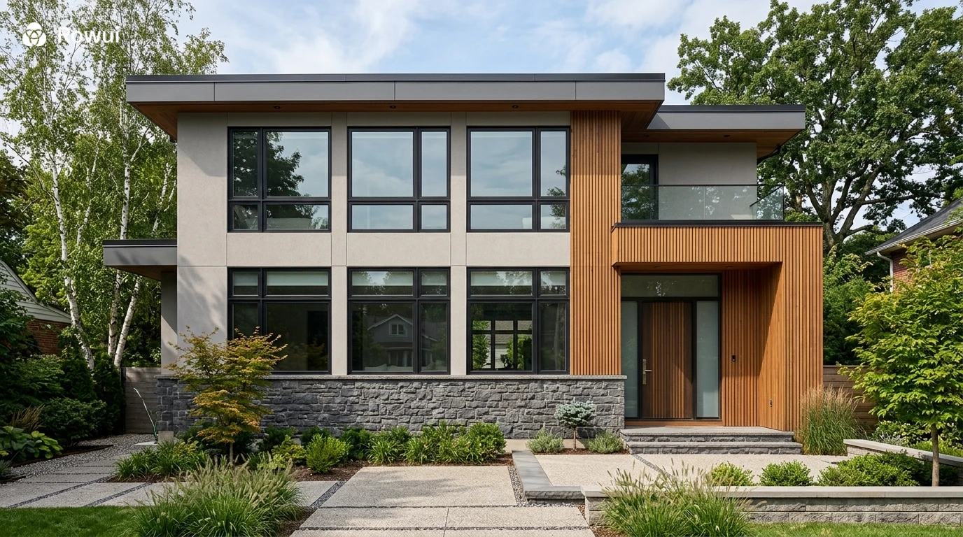 Modern house facade with clean horizontal lines and mixed materials