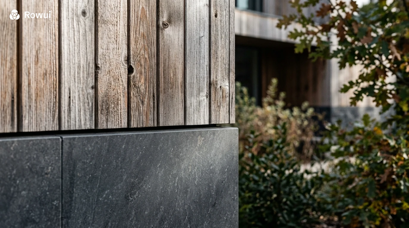 Close up of timber cladding and dark stone base on a contemporary home exterior