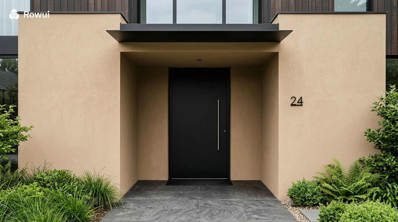 Modern front entrance with dark door, slim canopy and minimal hardware
