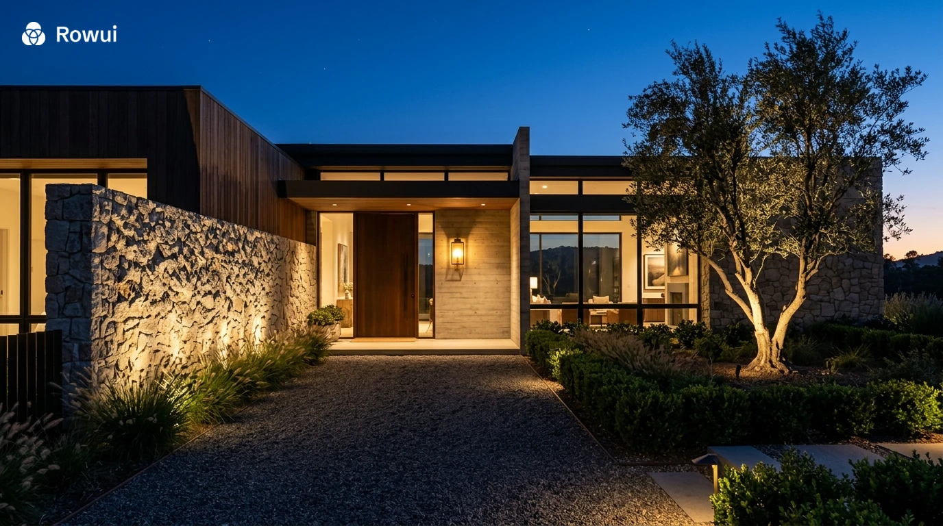 Modern home facade at dusk with layered exterior lighting and structured landscaping