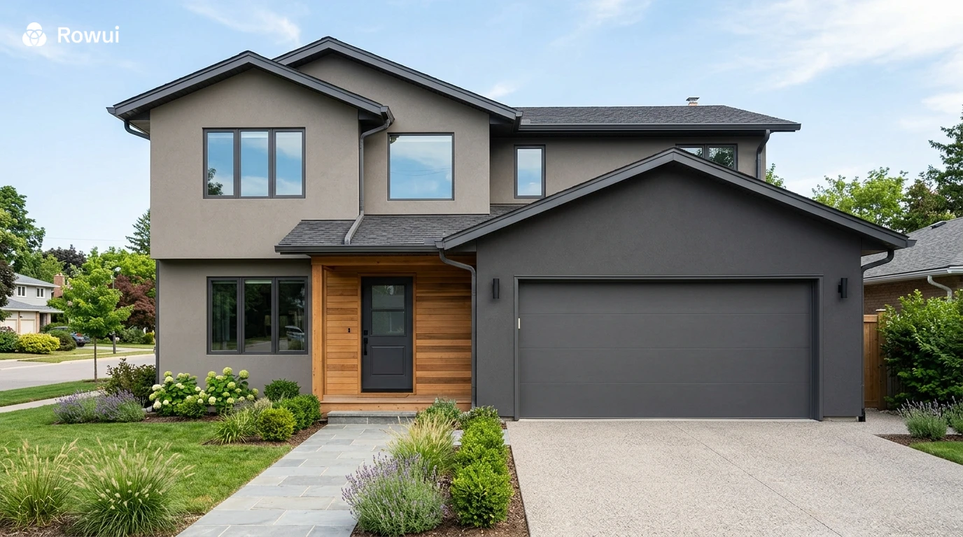 Renovated home exterior showing updated cladding, paint and garage door