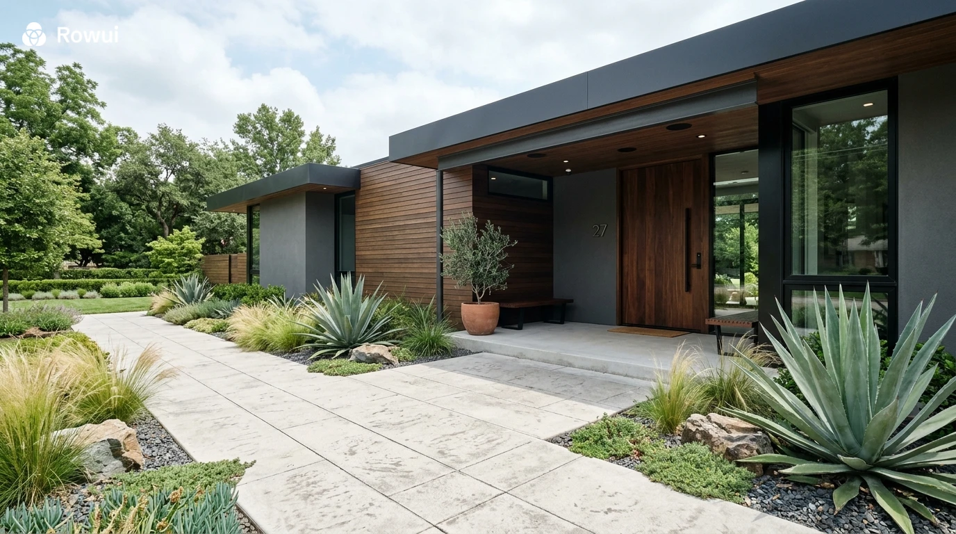 Modern house entrance with concrete pathway and minimalist landscaping