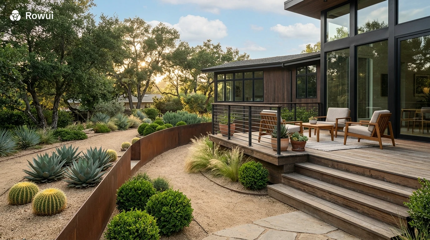Modern backyard with structural plants gravel and wooden deck