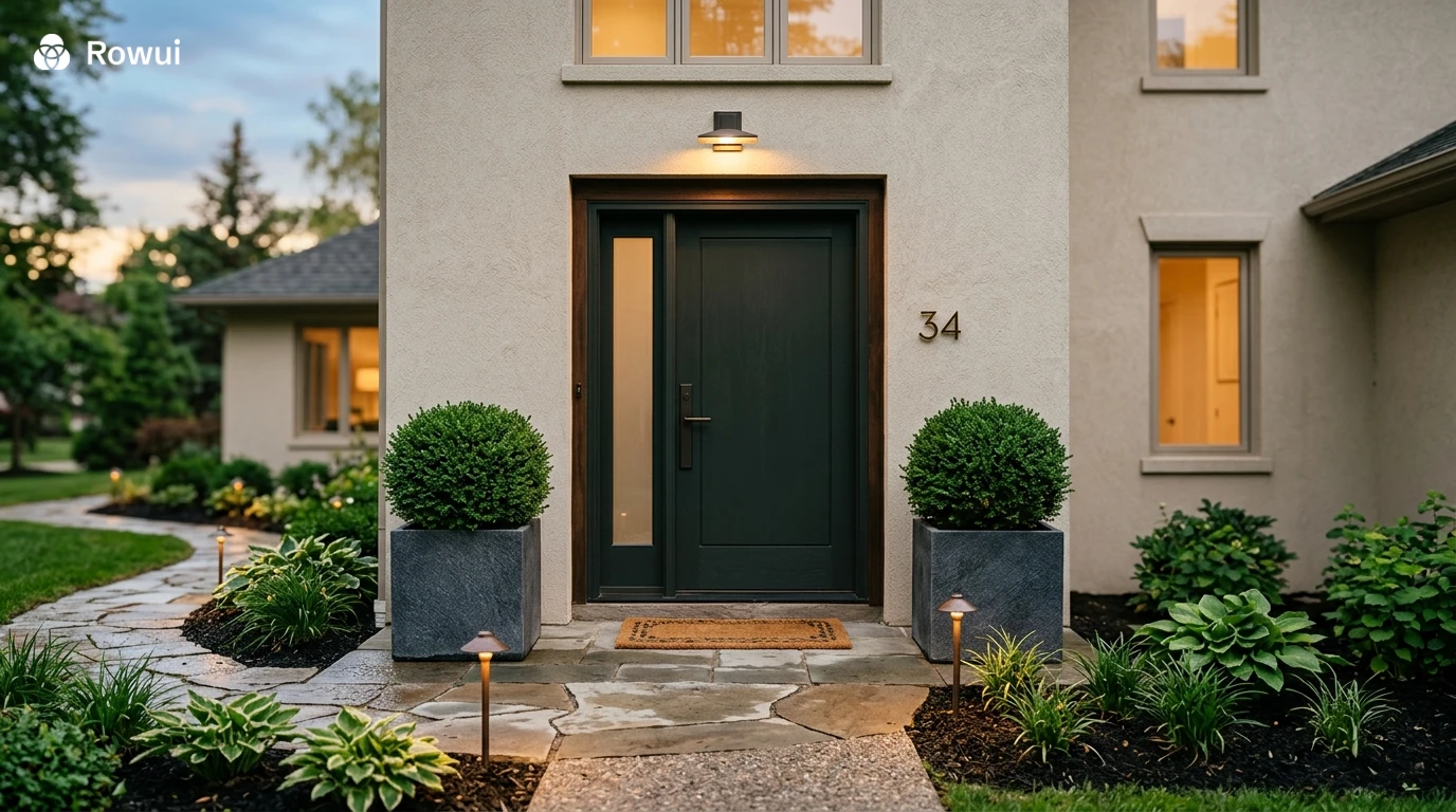 Modern front door with symmetrical planters and evening path lighting