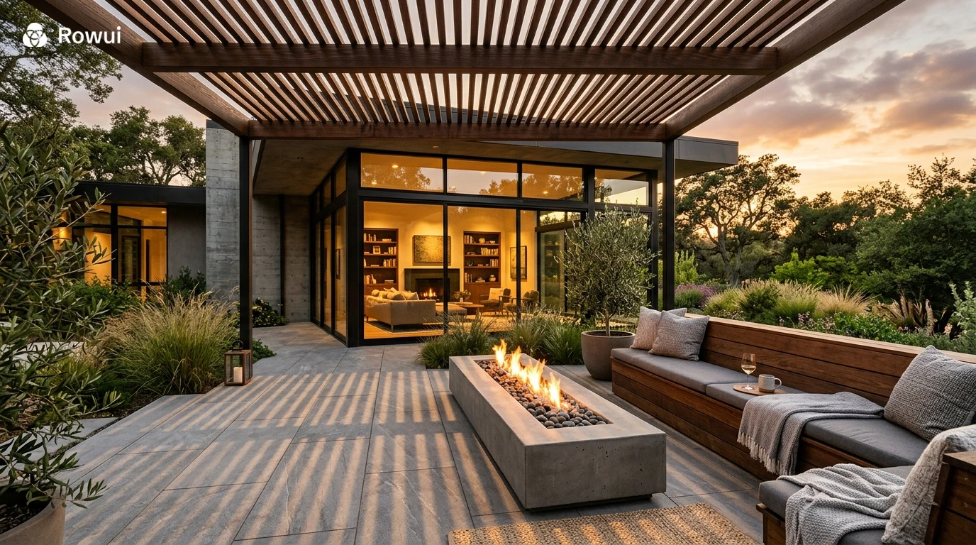 Modern outdoor patio with fire pit and slatted pergola shade structure