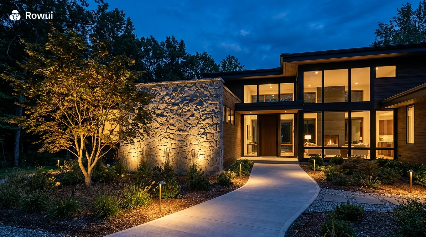 Modern house exterior at dusk with warm landscape lighting and uplit trees
