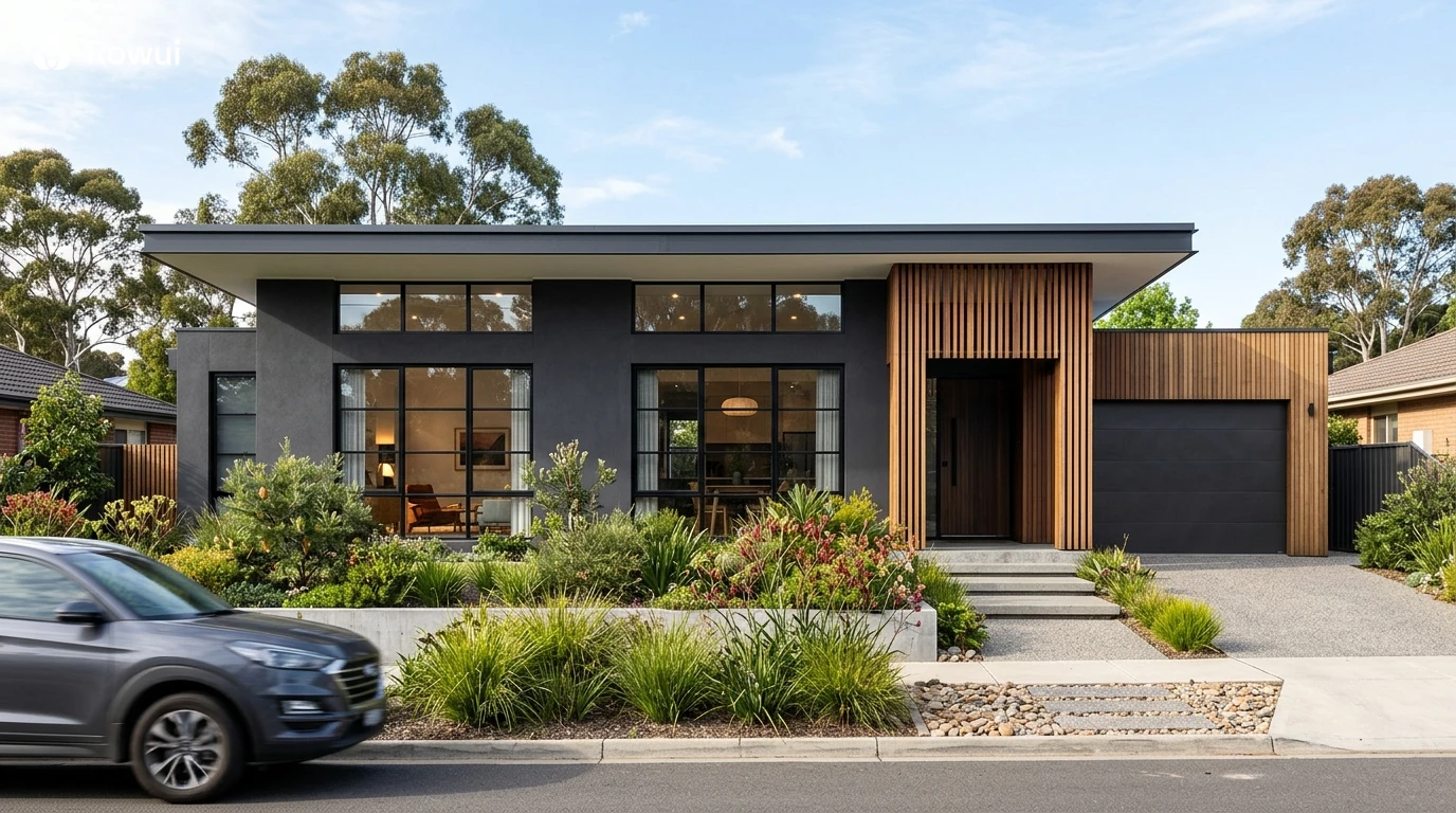 Modern house exterior with bold dark charcoal facade and warm timber accents