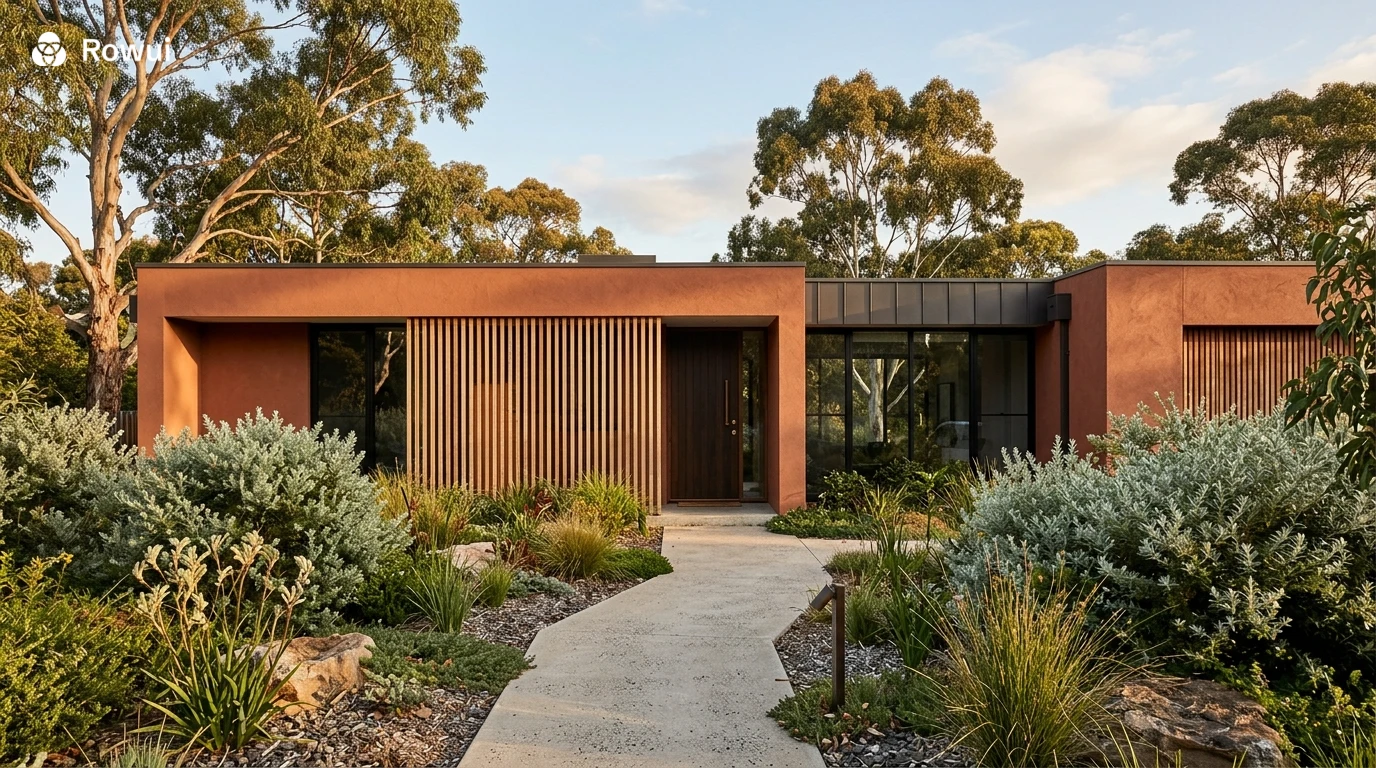 Contemporary home with warm terracotta render facade surrounded by native landscaping