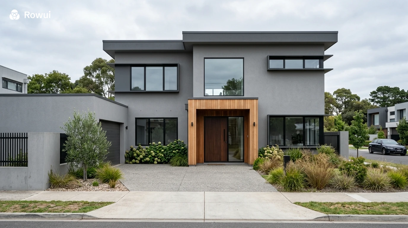 Modern two story home with tone on tone gray facade and contrasting timber entry feature wall
