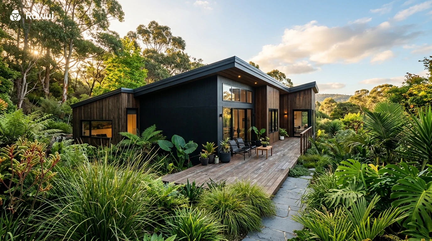 Modern black home with dark roof surrounded by lush native garden planting and timber decking