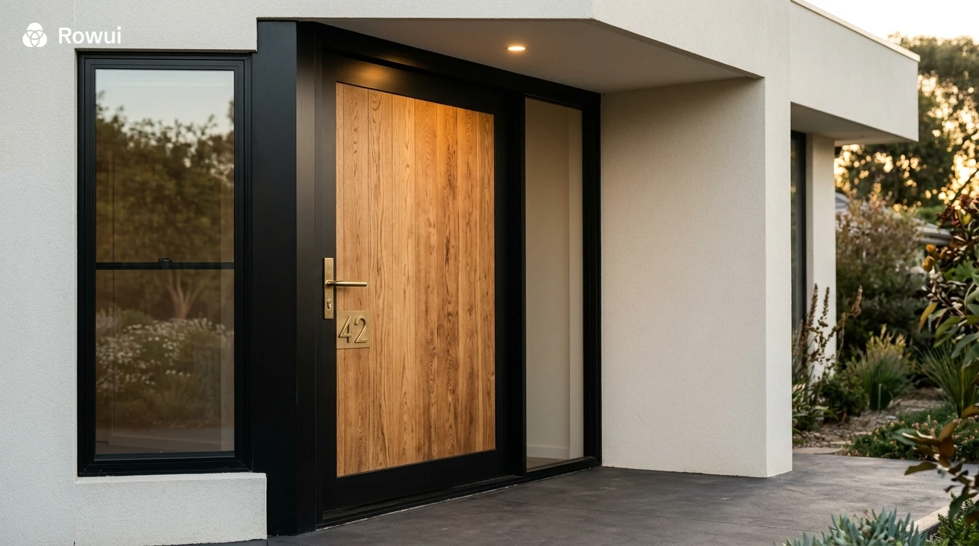 Close up of modern home facade with matte black window frames warm timber door and brushed brass hardware details