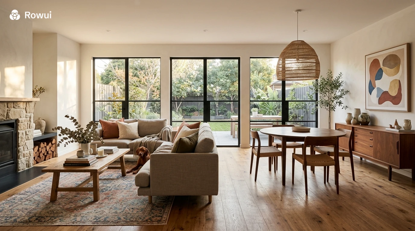 Beautifully styled open plan living room showcasing multiple interior design styles with layered textures and warm lighting