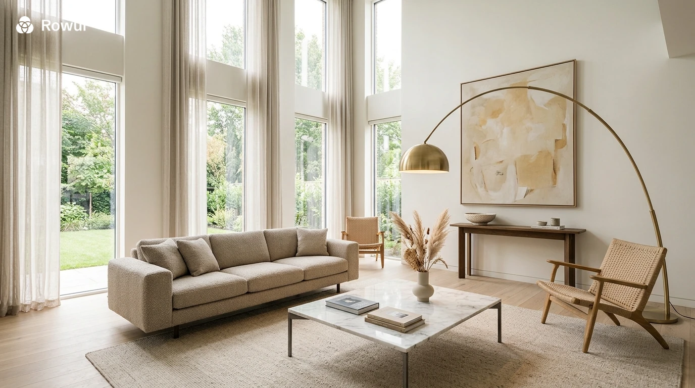 Contemporary living room with clean lines, warm neutral palette, sculptural pendant light and large format windows