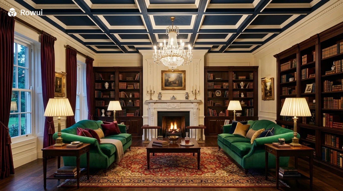 Elegant traditional living room with coffered ceiling, rich jewel toned upholstery, crystal chandelier and symmetrical layout