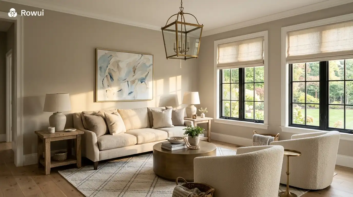 Transitional interior with neutral palette, linen upholstery, warm timber floor and classic chandelier in a modern setting