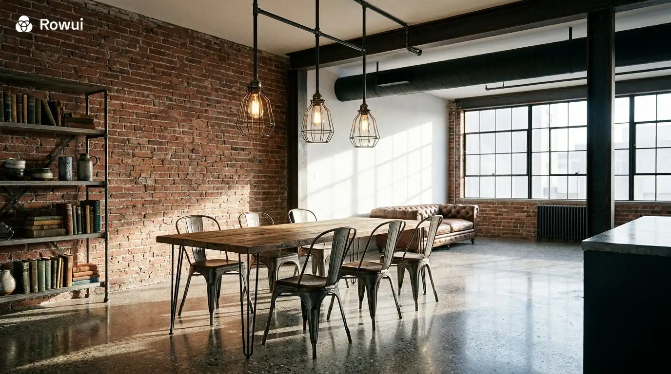 Industrial loft interior with exposed brick wall, polished concrete floor, Edison bulb pendants and reclaimed timber dining table