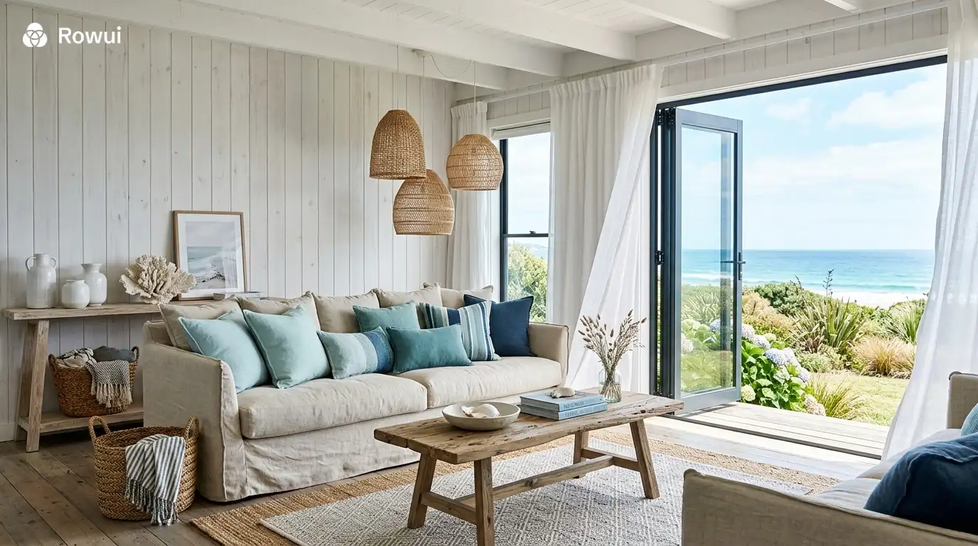 Coastal living room with whitewashed walls, linen sofas, rattan pendants, jute rug and ocean blue accent cushions