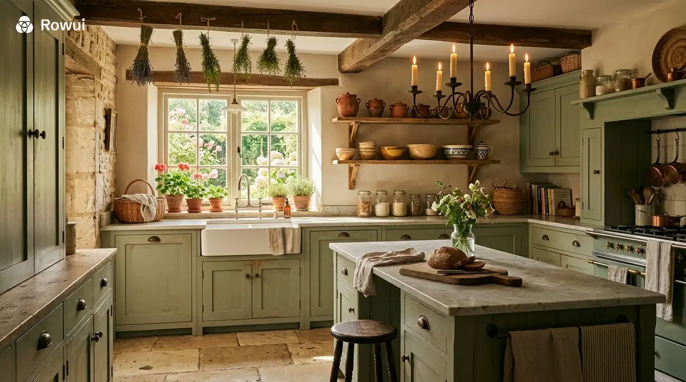 French country kitchen with painted sage cabinetry, limestone floor, open shelving and terracotta cookware