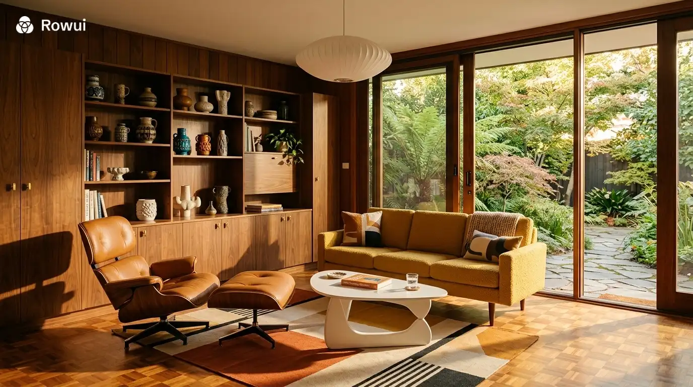 Mid-century modern living room with walnut furniture, Eames chair, mustard upholstery and statement geometric rug