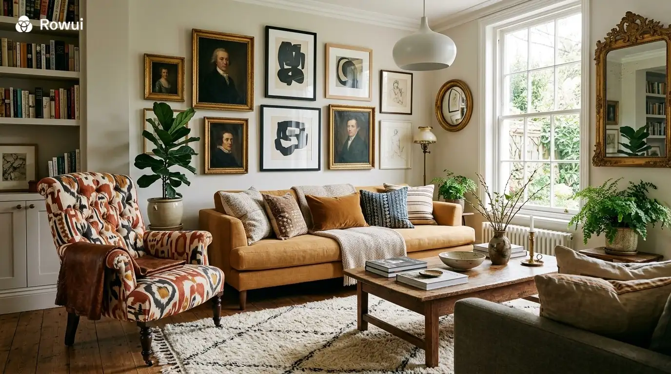Eclectic living room mixing vintage antique armchair with contemporary sofa, Moroccan rug and gallery wall of mixed artworks