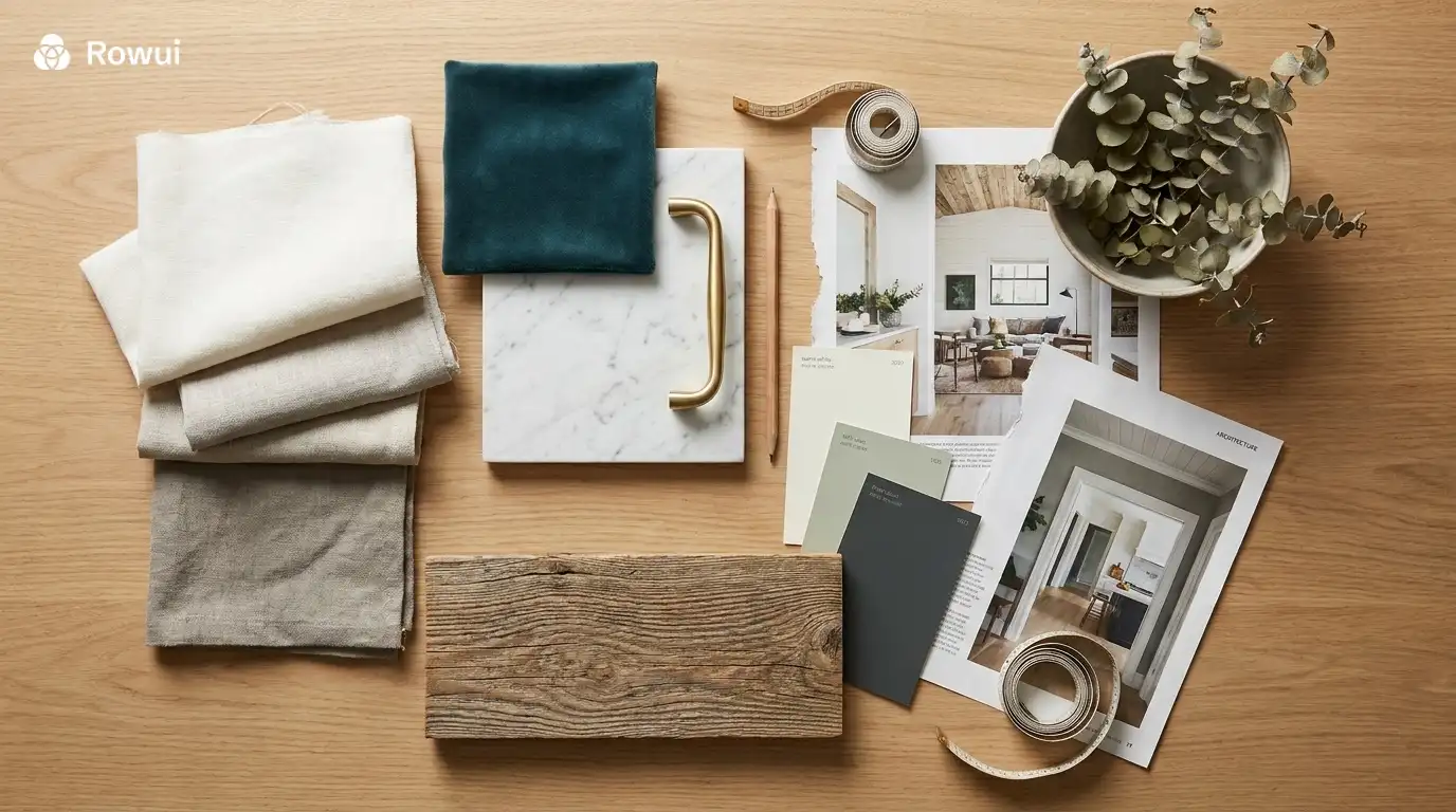 Mood board flat lay showing interior design style samples including fabric swatches, paint chips, timber and stone materials
