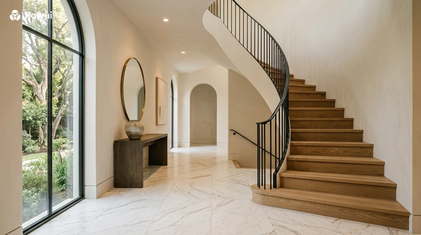 Luxury entry hall with Calacatta marble flooring and curved staircase with blackened steel balustrade