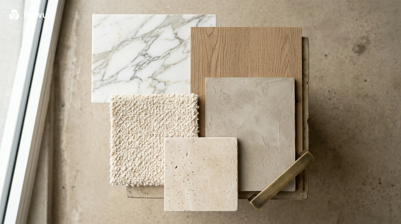 Close-up editorial flat lay of luxury interior material samples including marble, white oak timber, Venetian plaster, bouclé fabric, travertine and brushed brass hardware