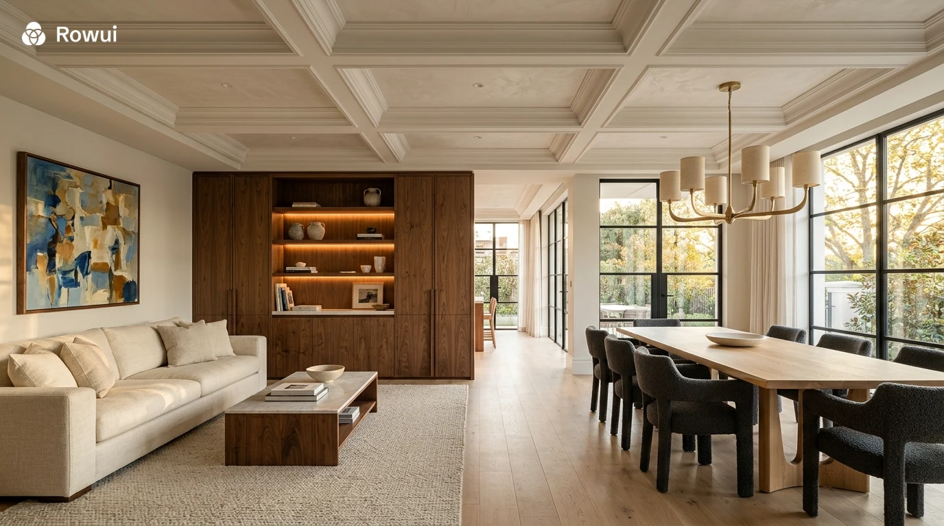 Luxury open-plan living and dining room with coffered plaster ceiling, bespoke walnut joinery, linen sofa, abstract artwork and wide plank oak flooring