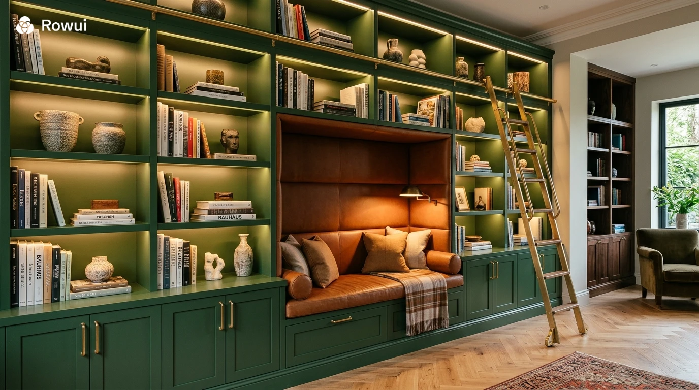 Bespoke floor-to-ceiling custom joinery wall unit in deep forest green matte lacquer with brass hardware, leather reading nook and herringbone oak flooring