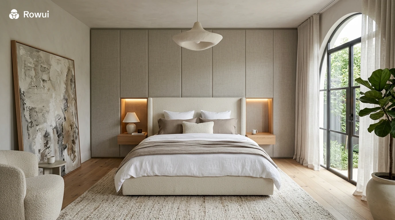 Serene luxury primary bedroom with full-height upholstered linen wall panels, ivory bouclé bed frame extending to ceiling, layered bedding and arched window